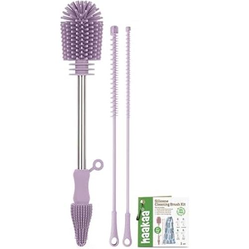 haakaa Silicone Cleaning Brush Kit - Baby Bottle Brush Cleaner for Breast Pump,Nipple,Breast Milk Storage Bag,Reusable Straw,Sippy Cup - Food Grade Silicone Bristles, Portable - 3 Pcs - Lavender