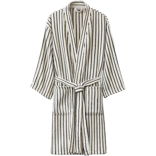 Striped Terry Cloth Robe for Women Men, Soft Cotton Towel Kimono Bathrobe with Pockets, Knee-Length Spa Hotel Loungewear