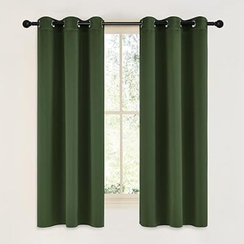 NICETOWN Dark Green Blackout Cafe Satin Curtains for Small Windows, 42" Wide by 63" Long, 2 Panels, Grommet Noise Reducing Faux Silk Blackout Drapes for Dining Room