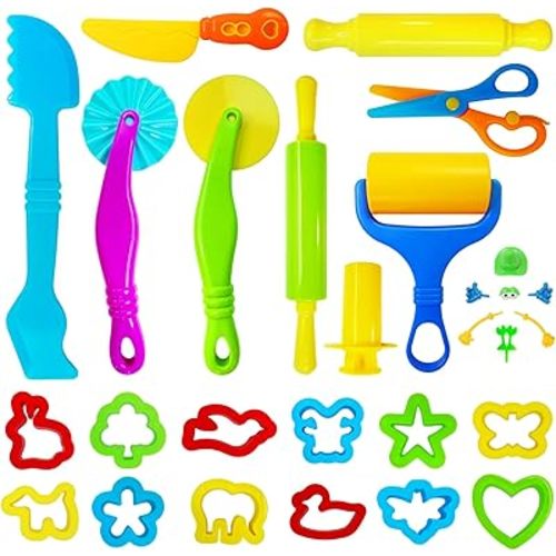 28Pcs Dough and Clay Play Tools Kit for Kids, Modeling Clay Accessories with Animal Cutters, Rolling Pins, Safety Scissors, Dough Extruder & Rollers