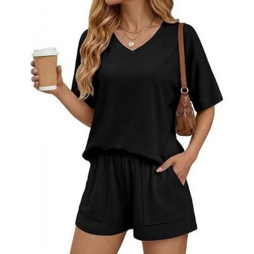 Ekouaer Two Piece Sets for Women Summer V Neck Lounge Short Sets Matching Vacation Outfits with Large Pockets Black M
