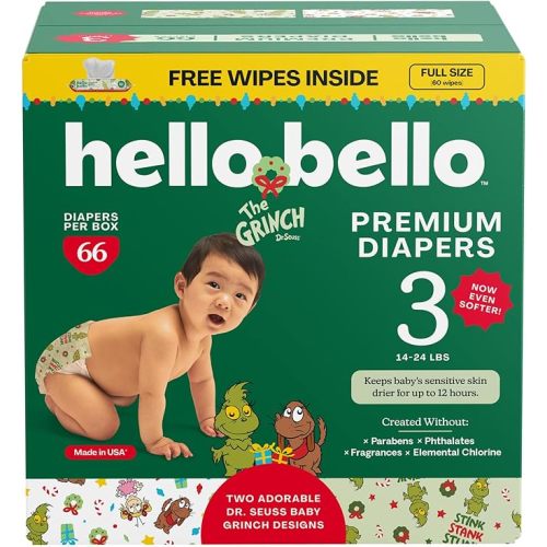 Hello Bello Dr. Seuss Baby Grinch Premium Diapers, Size 3 (14-24 lbs), 66ct Plus Bonus Wipes: Softness & Protection for Sensitive Skin (Packaging May Vary)