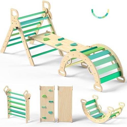 BlueWood Pikler Triangle Set, Toddler Wooden Climbing Toys Indoor 7in1 Foldable Climber for Kids, Montessori Philosophy Play Jungle Gym with Arch, Ramp, Ladder (Green Summer)