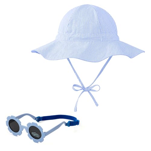 Zando UPF 50+ Wide Brim Baby Sun Hat with Sunglasses Infant Bucket Hat | Adjustable Straps, Flexible Sunglasses, Sun Protection ,100% Cotton Soft Durable for Beach, Pool, Summer Outings 0-12 Months