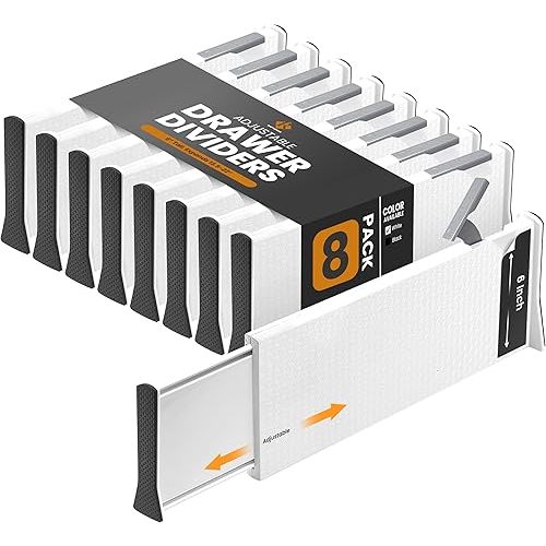 RAPTUROUS Adjustable Deep Drawer Divider – 6" Tall, Expandable 13-22", 8-Pack, Non-Slip Drawer Dividers for Clothes, Dresser, Kitchen & Office Organization (White)