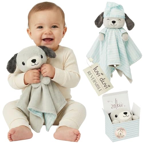 Zelkii Reversible Lovey for Babies, Security Blanket for Babies with Pacifier Holder, Puppy Lovey for Baby, Day-to-Night Comfort Companion, Patent-Pending Oeko-TEX Certified