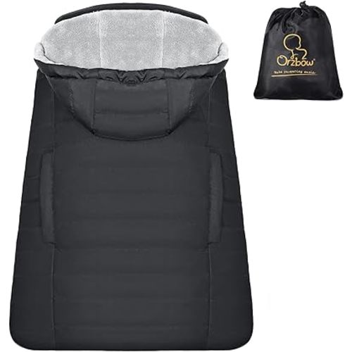 Orzbow Winter Baby Carrier Cover with Detachable Hood, Waterproof & Windproof, Universal for Baby Carriers and Baby Waist Stool, Baby Bunting Bag for Car Seats and Strollers with Storage Bag, Black