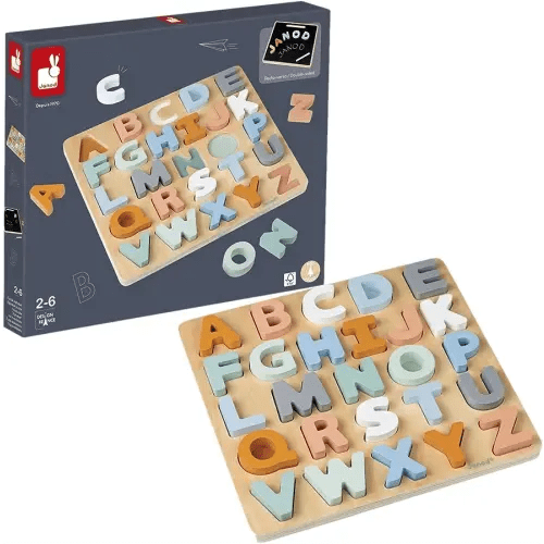 Janod Sweet Cocoon Wooden Alphabet Learning Puzzle with ABC Letters and Chalkboard - Ages 2+ - J04412