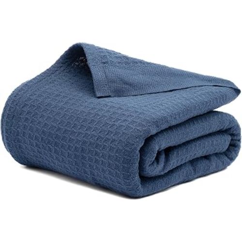 Salt Earth 68" x 92", Twin 100% Cotton Waffle Weave Blanket for Bed (Navy)