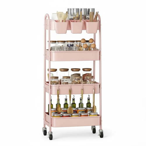 EDX 4-Tier Rolling Cart, 132 lbs Metal Utility Cart Storage Organizer with Lockable Casters, Multi-Functional Mesh Rolling Storage Cart for Kitchen Office, Pink