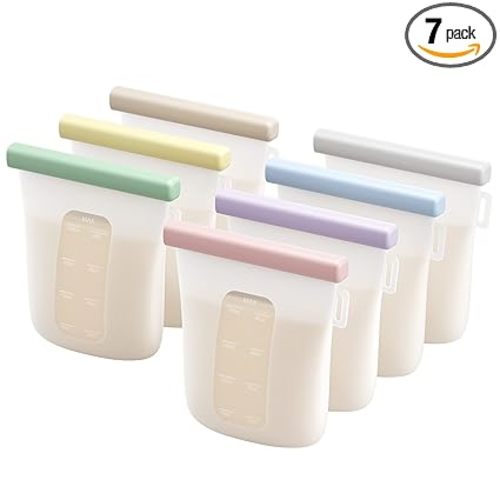 Nuliie 7 Pcs Silicone Breastmilk Storage Bags Reusable, 8oz/240ml Double Leak-Proof Breastmilk Freezer Bags, BPA Free Self-Standing Milk Bags for Breastfeeding, Baby Food Pouches