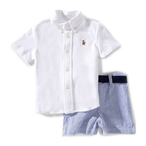 Ralph Lauren Baby Boys Short Sleeve Polo Button Down Shirt & Belt With Shorts Set