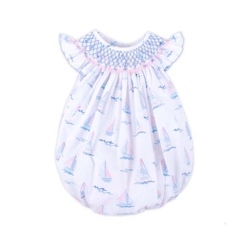 Pastel Sailboat Blue Smocked Angel Sleeve Bubble