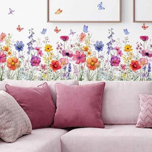2 Pieces Flowers Wall Decals Vinyl Flowers Wall Stickers Removable Floral Murals Peel and Stick Colorful Flower Decor for Girls Bedroom Living Room Nursery (Bright)
