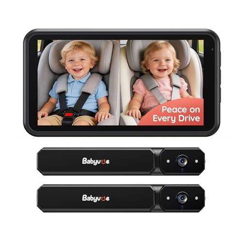 Babyvue Wireless Dual Car Camera Baby Monitor Fast Setup, HD1080P Spilt-Dispaly Baby Car Monitor for 2 Kids, Auto IR Night Vision Carseat Camera for Newborns Gift Black