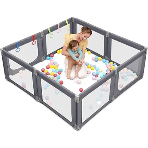 Dripex Portable Folding Playpen, 71"×69" Extra Large Baby Playpen, Indoor/Outdoor Safety Gate – Collapsible Play Pen with Dual Gates & Breathable Mesh, Grey