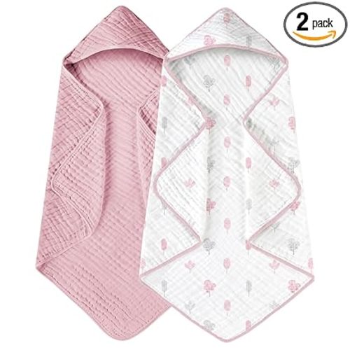 Yoofoss Hooded Baby Towels for Newborn 2 Pack 100% Muslin Organic Cotton Baby Bath Towel with Hood for Babies, Infant, Toddler and Kids, 32x32Inch, Soft and Absorbent Newborn Essential,Pink&Wh Leaf