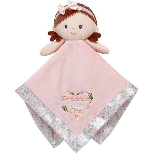 Baby Starters Plush 13 inch Doll Snuggle Buddy with Toy Rattle, Precious Little One Embroidery and Satin, Pink with Floral Trim