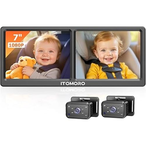 Itomoro Baby Car Camera for 2 Kids, 7 Inch HD 1080P Split Screen Dual Car Camera Baby Monitor, 150° Wide View with 2 IR Night Vision, Easily Install with Crystal Clear Wide View