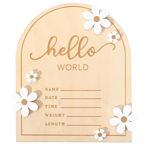 Wooden Hello World for Baby Showers, Newborn Birth Announcement Board | Daisy Wooden Baby Milestone Card, Welcome Baby Shower Gifts, Hello World Hospital Nursery Information Record Board