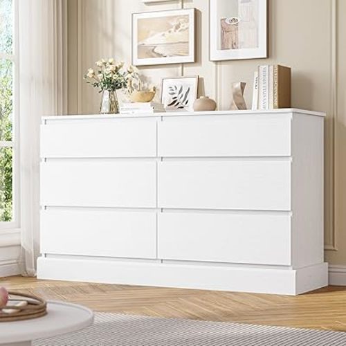 DICTAC 6 Drawers Dresser for Bedroom, White Modern Chest of Drawers, Storage Tower Clothes Organizer Closet, Long Double Dresser with No Handle Drawers, Dimensions 51.6''L x 15.7''D x 29.3''H