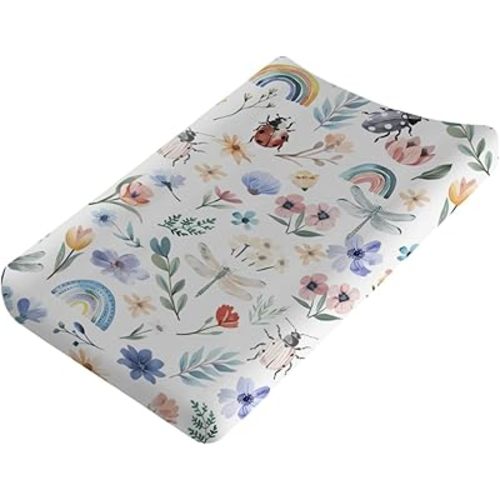 Spring Garden Flowers Rainbow Changing Pad Covers Watercolor Insects Floral Leaves Baby Nursery Diaper Changing Table Sheet for Boy Girl Soft Breathable Stretchy Fitted Change Pad Table Mats 32''x16''