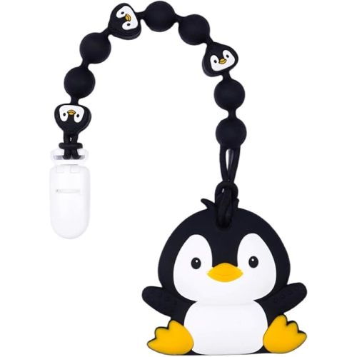 Cute Animal Baby Food Grade Silicone Teether Toy with One Piece Design Pacifier Clip Holder,Teething Pain Relief Toys Gift Set for 3 Months+ Boys and Girls,Freezer Safe,BPA Free (Penguin)