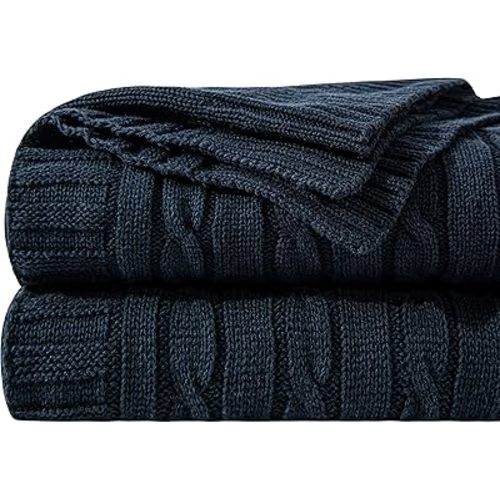NTBAY 100% Pure Cotton Cable Knit Throw Blanket, Super Soft Warm 51x67 Knitted Throw Blanket for Couch, Sofa, Chair, Bed - Extra Cozy, Machine Washable, Comfortable Home Decor, Navy