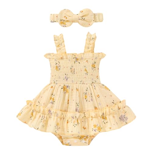 Happy Town Infant Baby Girl Clothes Toddler Summer Sleeveless Romper Dress with Headband Newborn Jumpsuit Outfits