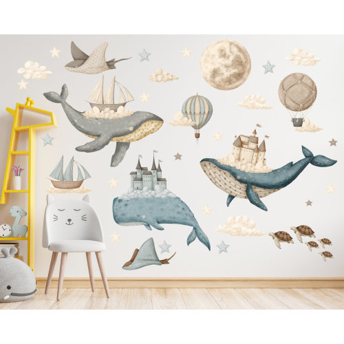 Dreamy Whale Underwater Wall Decal, Watercolor Wall Sticker, Nursery Mural, Baby Wall Art, Pastel Colored Decals, Ocean Stars Wall Decal Set