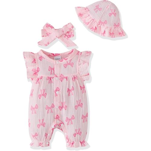 Renotemy Baby Girl Clothes Outfits Infant Summer Romper Cotton Linen Preemie Newborn Essentials Photography with Hat&Headband