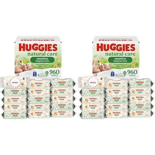 Huggies Natural Care Sensitive Baby Wipes, Unscented, Hypoallergenic, 99% Purified Water, 15 Flip-Top Packs (960 Wipes Total) (Pack of 2)