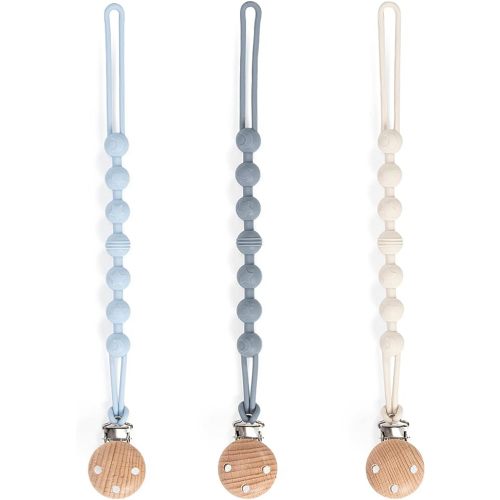 Pacifier Clip, 3 Pack Silicone Pacifier Clips with Wooden Design Pacifier Holder Clip, Soother Clips for Baby Boy & Girl (White+Light Blue+Grayish Blue)