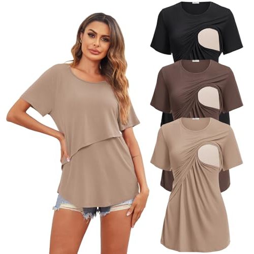 Ekouaer Women's Maternity Shirts Short Sleeves Nursing Tops 3 Pack Double Laye Breastfeeding Tees Pregnancy Clothes S-XXL