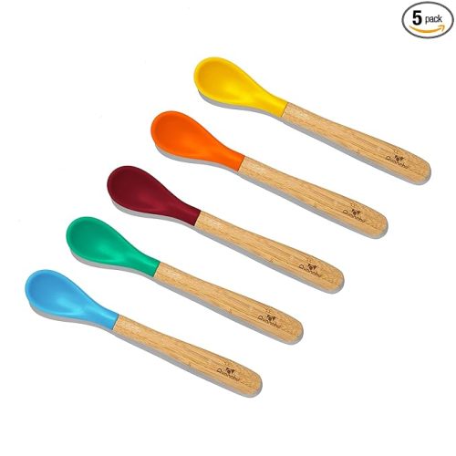 Avanchy Bamboo & Silicone Infant Training Spoons, BPA Free - Soft Tip, Easy on Gums, First Stage Feeding Utensils for Baby-Led Weaning, Self-Feeding, Assorted w/Blue
