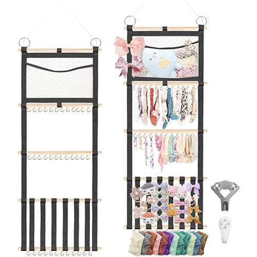 Munzong Headband Holder 52x17 inch, Black Bow Holder for Baby Girls,4 Tier Large Capacity Wall Hanging Headband Shelf w/Mesh Bag,Nursery Hair Accessories Organizer Display Rack for Toddler Kids Women
