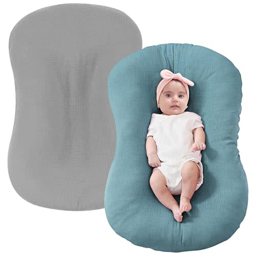 FUNUPUP Muslin Baby Lounger Cover Only, Grey & Blue | 100% Muslin Cotton Soft Breathable Easy On/Off Envelope Closure Machine Washable Easy-Clean Protector Neutral Colors