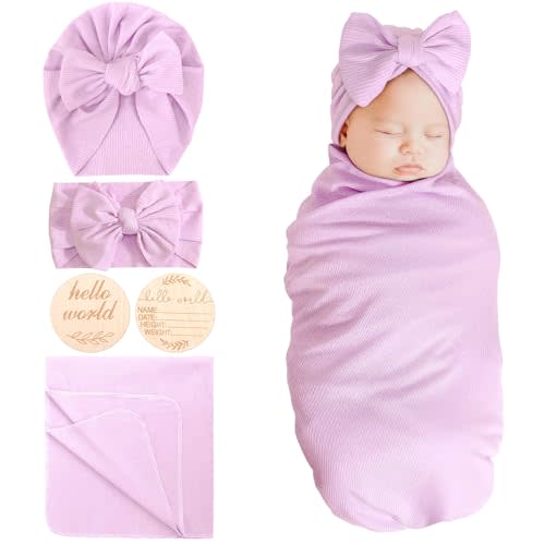 AQOKKA Newborn Receiving Blanket with Bow Hat Mittens Wooden Card Set | 1 Set of Swaddles for Newborn Receiving Blankets Cotton Adjustable Nursery Swaddle Wrap for Baby Boy Girl Infant 0-3 Months