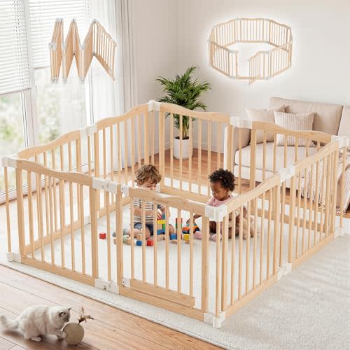 Foldable Wooden Playpen - Adjustable Wood Baby Play Yard with Child-Proof Lock, Indoor Large Safety Fence for Babies and Toddlers - Easy Assembly, 55 x 55 x 24 inches, Nature Nest
