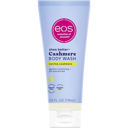 eos Travel Vanilla Cashmere Body Wash- Travel Size Body Wash, Hydrating, Moisturizing, Toiletries, Mini, Shea Butter, 2.5 fl oz