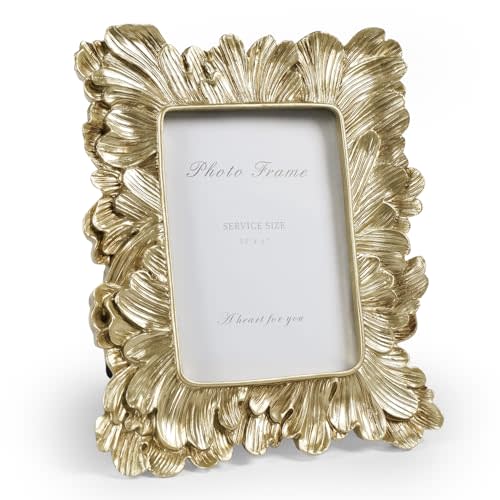 Cuspin 3x5 Picture Frame Small Gold Frames, Vintage Gold Palm Leaves Textured Hand-Crafted Resin with Glass Front, Elegant Retro Photo Frame for Wall and Tabletop Display Home Decor