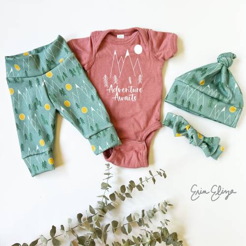 Adventure Awaits Baby Girl Outfit: Mountain Print Bodysuit & Leggings