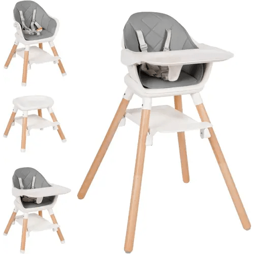 High Chair, 6 in 1 Wooden Convertible High Chairs for Babies and Toddlers, Booster Seat with Double Tray & Reversible Footrest Baby Highchair, 5-Point Harness Baby Feeding Chair, Grey