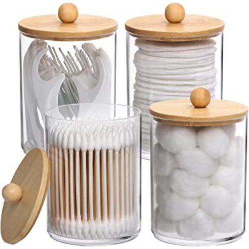 Tbestmax 4 Pack Qtip Holder, 10-Ounce Bathroom Organizer Accessories Storage Containers Clear Plastic Apothecary Jars with Bamboo Lids for Cotton Ball, Cotton Swab, Floss