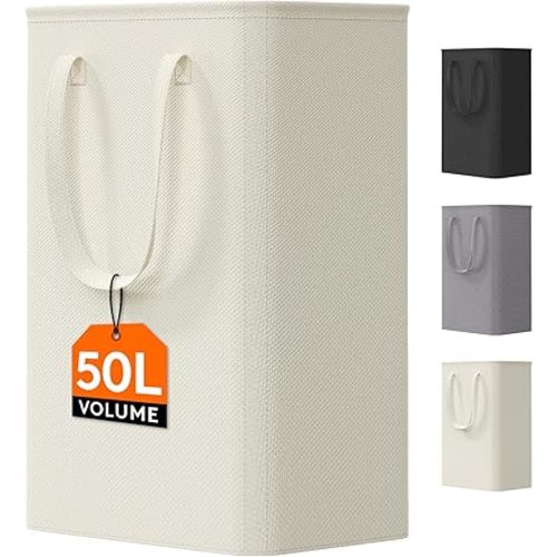 Lifewit 50L Slim Laundry Hamper, Narrow Small Laundry Basket with Handle for Dirty Clothes, Collapsible Tall Thin Laundry Bin for Bathroom Bedroom Dorm College, White