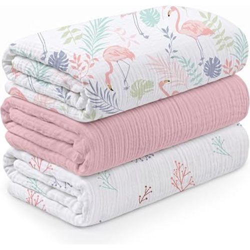 Muslin Swaddle Blankets for Newborn, 3 Pack Breathable Soft Receiving Blanket, Large 38 x 40 inches Swaddle Wrap Burping Clothes, Essentials Infant Shower Items, Toddler Gift (Pink Flamingo)