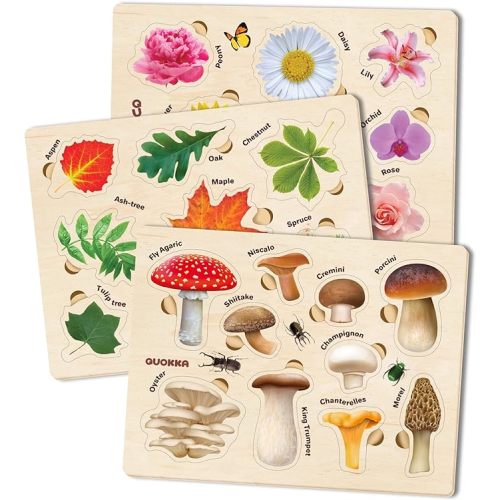 QUOKKA Wooden Puzzles for Toddlers 2-4 – 3X Set Montessori Toys Puzzles for Kids Ages 3-5 – Wood Educational Baby Game 12-18 Months – Gift Learning Mushrooms Flowers Leaves for Boy & Girl 3-5