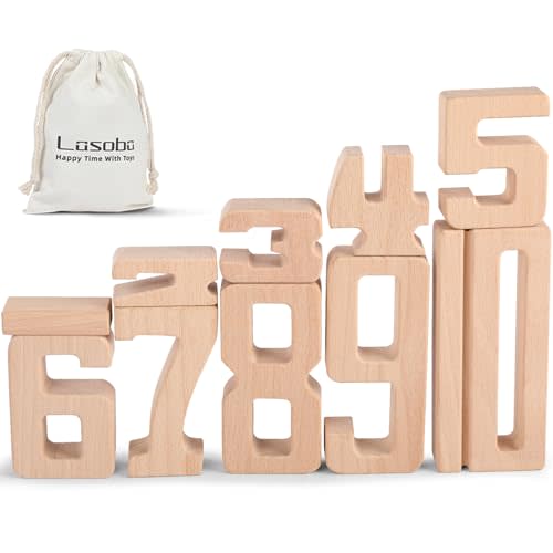 Lasoba Wooden Number Building Blocks, Large Digit Blocks 1-10, 10 Pcs Math Blocks Number Toys for Kids, Educational Blocks for Toddlers, Toys to Learn Numbers for 3 Year Olds +