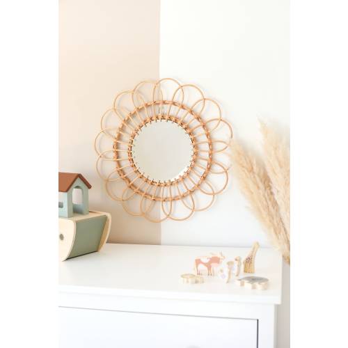 Flower Bamboo Boho Round Mirror, Wooden Frame Vanity Mirror, Floral Accent, Natural Home Decor