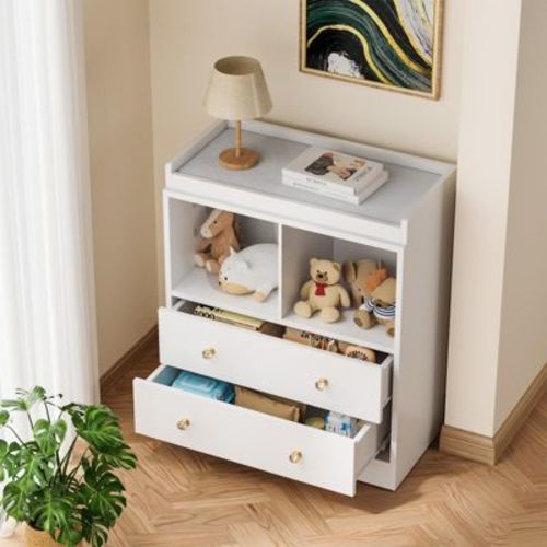 Baby Changing Table with Pad, 2 Drawers and 2 Open Compartments